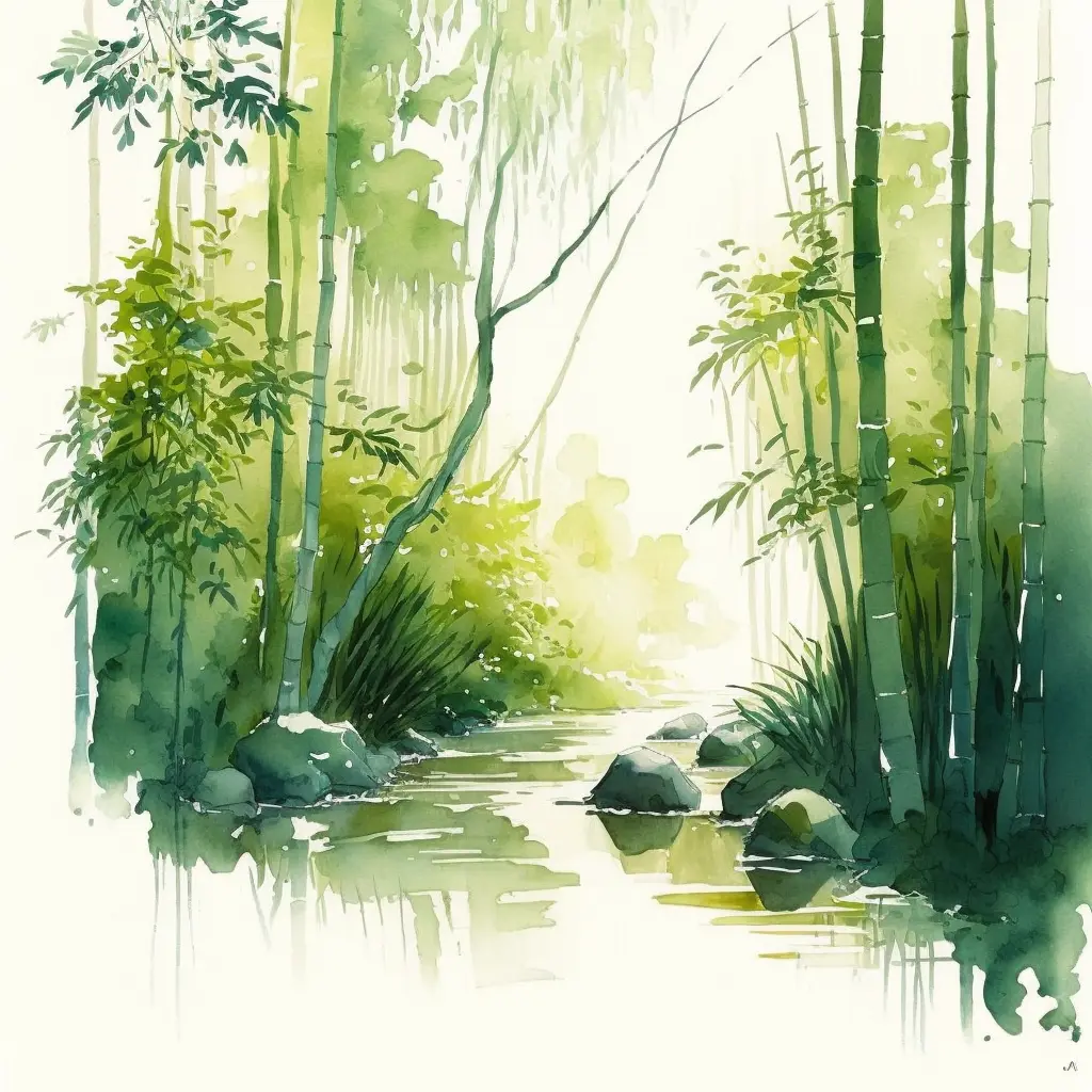 light watercolor, Bamboo forest, bright, side view,simple white background,Small river, few details, Ghibli, fairy tale